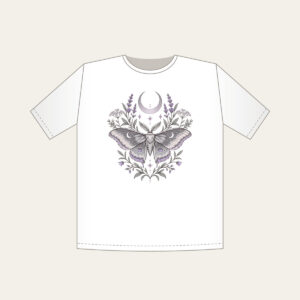 Moth and Crescent Moon with Herb Sprigs T-Shirt in white: A moth beneath a crescent moon with delicate herb sprigs in silver grey and pale lilac.