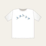 Five Swallows in a Gentle Arc T-Shirt in white: Five swallows in cream and sky blue fly in an arc along a fine dotted trail.