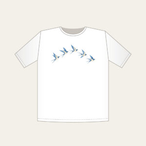 Five Swallows in a Gentle Arc T-Shirt in white: Five swallows in cream and sky blue fly in an arc along a fine dotted trail.