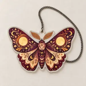 Lantern Moth Suncatcher with a large moth with patterned wings and glowing circles on each wing in amber and plum