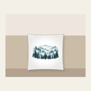 Pine Rows Fading into Mist Pillow in white: Rows of pine silhouettes recede into mist in slate, teal and white.