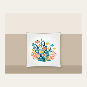 Tropical Fish School and Seaweed on Navy Pillow in white: A school of small tropical fish and seaweed in coral, yellow and teal swims on navy.