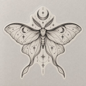 Midnight Moth Tattoo-Style Sticker with a moth with fine-line stars and a crescent moon in black ink