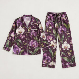 Orchid Garden Satin Pajama Set with orchid stems and leaves in violet, white and green on deep plum