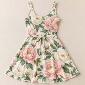 Peony Court Tie-Front Tennis Dress with large peonies in blush and white with green leaves on a cream base