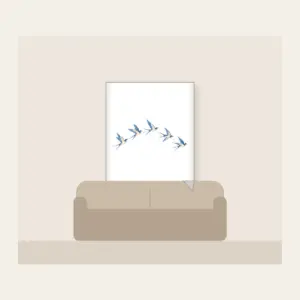 Five Swallows in a Gentle Arc Fleece Blanket in white: Five swallows in cream and sky blue fly in an arc along a fine dotted trail.