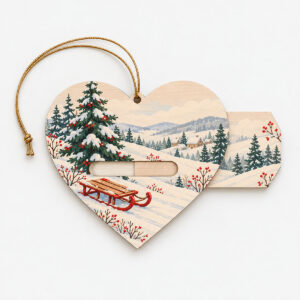 Sled Hill Wooden Slider Ornament with a small red sled on a snowy hill beside a tall pine in cream, red and green