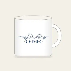 Tide Chart and Moon Phases Mug in white: A navy line-art tide curve dotted with tiny shells, with five moon phases beneath.