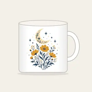 Crescent Moon over Ochre Wildflowers Mug in white: A crescent moon floats over ochre wildflowers and pale star dots on a cream and navy illustration.