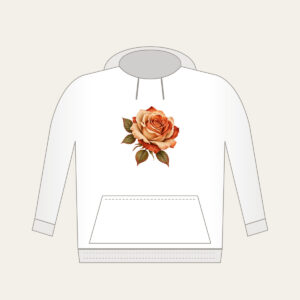 Single Desert Rose Hoodie in white: One large rose in sand and rust tones with a few leaves.