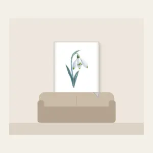 Frosted Snowdrop Blossom Fleece Blanket in white: A snowdrop flower with white petals, green tips and a pale blue stem, drawn with a delicate frost texture.