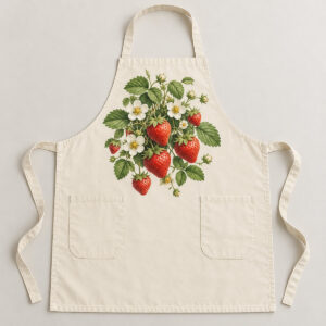 Berry Patch Kitchen Apron with centred bib print of a strawberry cluster with white blossoms and tiny leaves in red, green and cream