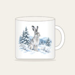 Hare in a Snowy Field with Pines Mug in white: A hare pauses in a snowy field among pines in white, grey and ice blue.