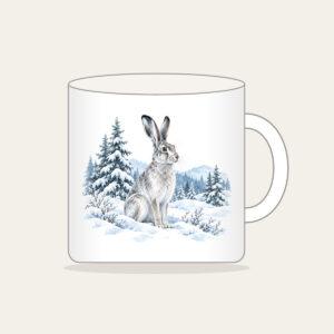 Hare in a Snowy Field with Pines Mug in white: A hare pauses in a snowy field among pines in white, grey and ice blue.