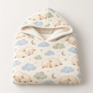 Cloud Pasture Blanket Hoodie with a soft pattern of small clouds and sleeping sheep in cream, pale blue and sage on a light field