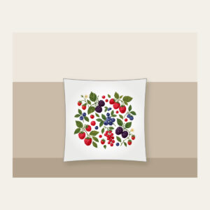 Wild Berries and Leaves Pillow in white: A scatter of wild berries and leaves in plum, red and green on cream.