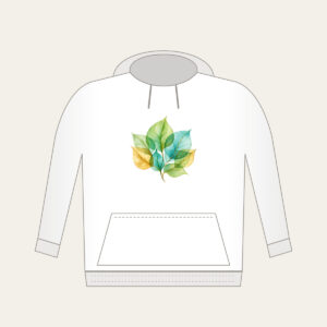 Overlapping Translucent Leaves Hoodie in white: Translucent leaves overlap in green, aqua and gold.