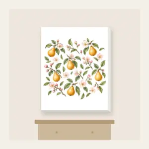 Golden Pears and Blush Blossoms Canvas Print in white: Small golden pears, blush blossoms and sage leaves scatter across an airy white ground.