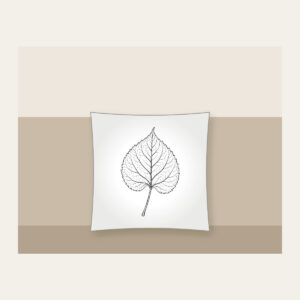 Single Leaf Study in Black Line Art Pillow in white: A single leaf and stem in fine black line art, edged with a thin border.