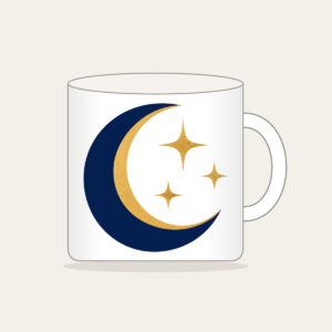 Golden Crescent and Three Stars Mug in white: A gold crescent moon and three small stars sit on deep navy.