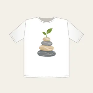 Cairn Stones with a Sprout T-Shirt in white: Stacked cairn stones in grey and sand, topped with a tiny green sprout.