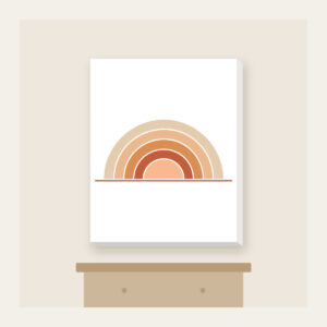 Stepped Arc Sunrise Over the Horizon Canvas Print in white: A rising sun built from five stepped arcs in apricot, rust and sand above one thin horizon line.