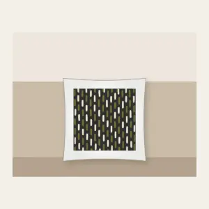 Staggered Olive Dashes on Charcoal Pillow in white: Short olive and cream dashes in a staggered rhythm on charcoal.