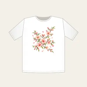 Peach Blossom Branches on Cream T-Shirt in white: Peach blossoms and slender branches in peach, rose and pale green rest on a glossy cream ground.