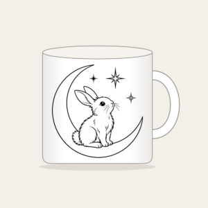 Line-Art Rabbit on a Crescent Moon Mug in white: A white line-art rabbit sitting on a crescent moon with three stars.