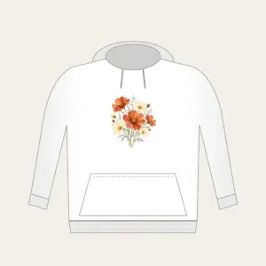 Terracotta Cosmos and Buttery Daisies Hoodie in white: Loose watercolor cosmos in terracotta beside buttery daisies on fine sage stems.