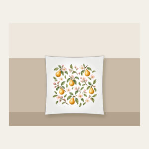 Golden Pears and Blush Blossoms Pillow in white: Small golden pears, blush blossoms and sage leaves scatter across an airy white ground.