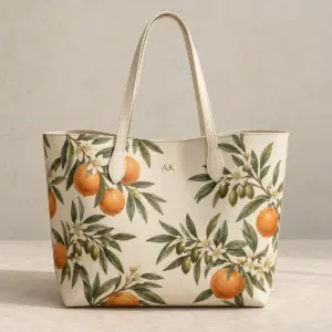 Ecru tote shoulder bag with orchard print and saffron handle accent