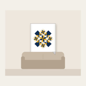 Mustard and Navy Patchwork of Stars Fleece Blanket in white: A patchwork of stars and diamonds in navy, mustard and cream.