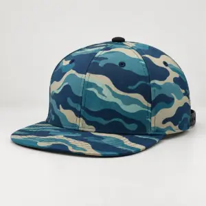 Tide Camo Snapback Cap with a camouflage of tide-line shapes in navy, teal and sand across the crown and brim