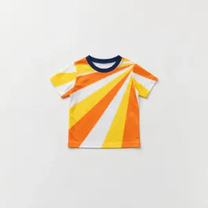 Sunny Pitch Kids Soccer Jersey with diagonal sunburst bands in yellow, orange and white with a navy collar