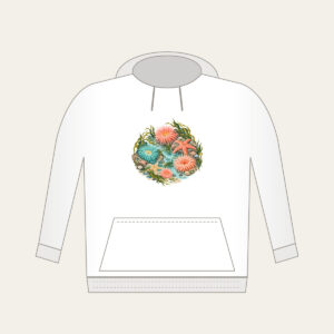 Coral Tidepool Anemones Hoodie in white: Anemones, starfish and sea grass gather in coral, teal and sand over a pale aqua ground.