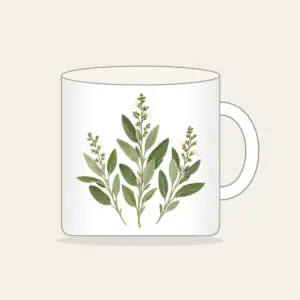 Three Pressed Sage Sprigs Mug in white: Three sage sprigs in cream and pale green with tiny dotted stems, like a page from a pressed-botanical album.