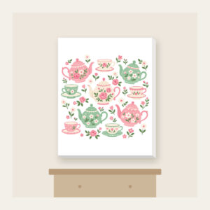 Teapots and Tiny Flowers Canvas Print in white: Cheerful teapots and little flowers in pink and mint scatter across a cream ground.