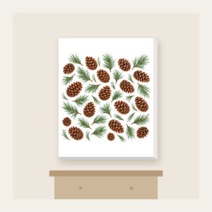 Scattered Pine Cones and Needles Canvas Print in white: Pine cones and needles scatter in brown and green.