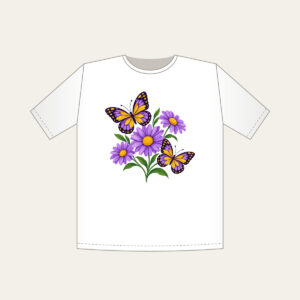 Two Butterflies and Three Daisies T-Shirt in white: Two butterflies hover near three daisies in purple and yellow.