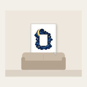 Starry Navy Sky with an Open Center Fleece Blanket in white: A deep-blue sky of tiny stars and a crescent surrounds an empty central rectangle.