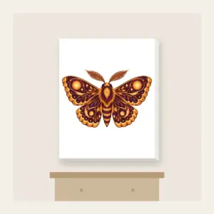 Glowing Amber Moth Canvas Print in white: A large moth with intricately patterned wings, each marked with a glowing circle in amber and plum.