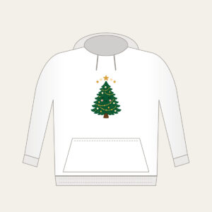 Little Pine and Five Stars Hoodie in white: A friendly stylised pine tree with five small stars above it in cream and gold.