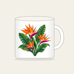 Bird of Paradise and Banana Leaves Mug in white: Orange and magenta bird of paradise flowers with banana leaves stand on cream.