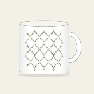 Sage Lattice Diamonds with Tiny Blossoms Mug in white: A lattice of diamonds in sage and cream is dotted with tiny blossoms.