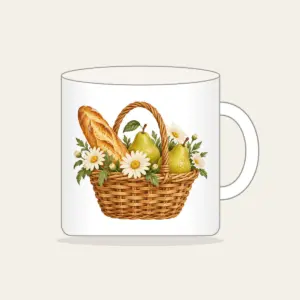 Baguette and Pear Basket Mug in white: A woven basket holds a baguette, two pears and white daisies in warm tan, green and cream.
