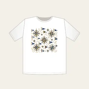Compass Roses and Pennants T-Shirt in white: Compass roses and pennants repeat in navy, gold and cream.