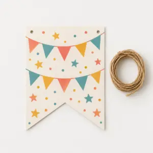 Bunting Parade Custom Shape Banner with banner with a row of simple flags in coral, teal and mustard with tiny stars and dots