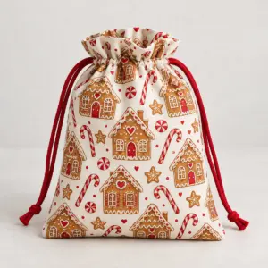 Gingerbread Lane Christmas Sack with a pattern of gingerbread houses, candy canes and stars in cream, brown and red