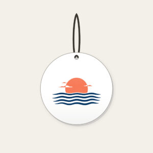 Rising Sun over a Navy Horizon Ceramic Ornament in white: Navy horizon lines meet a small warm coral sun, with a few tiny white clouds.